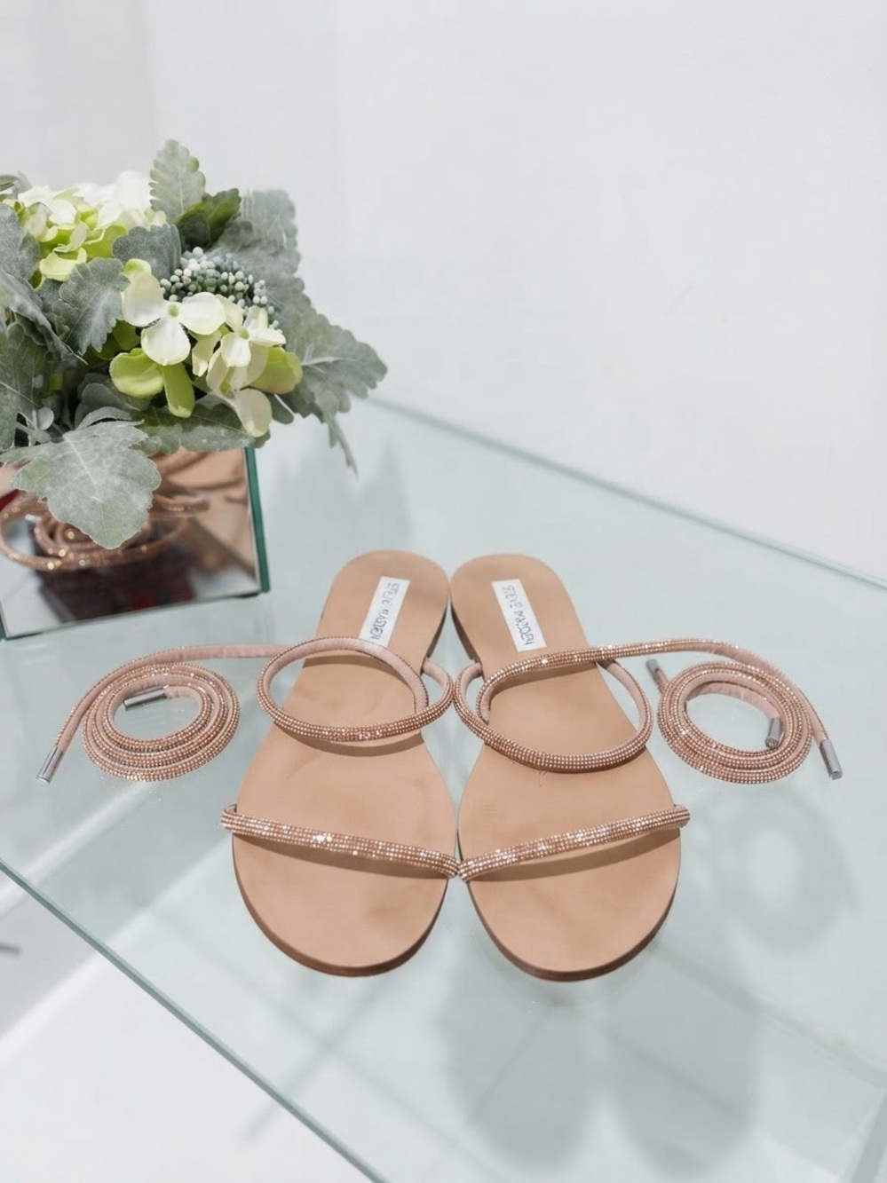 Steve Madden Rhinestone Strap Flat Sandals in Blush